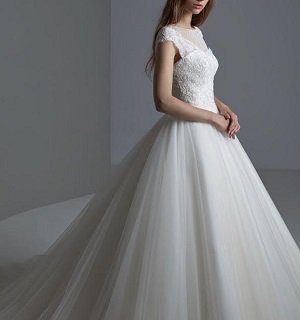 後ろ姿が美しい、チュールウェディングドレス、ヨークは取り外し可能が嬉しい 7号～13号【ブライダルプロ選定/レンタル】