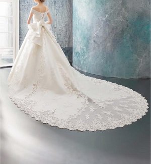 カットレースが美しい、 ロングトレーン ウェディングドレス、７号～２１号 【ブライダルプロ選定/レンタル】220,000円(税込242,000円)